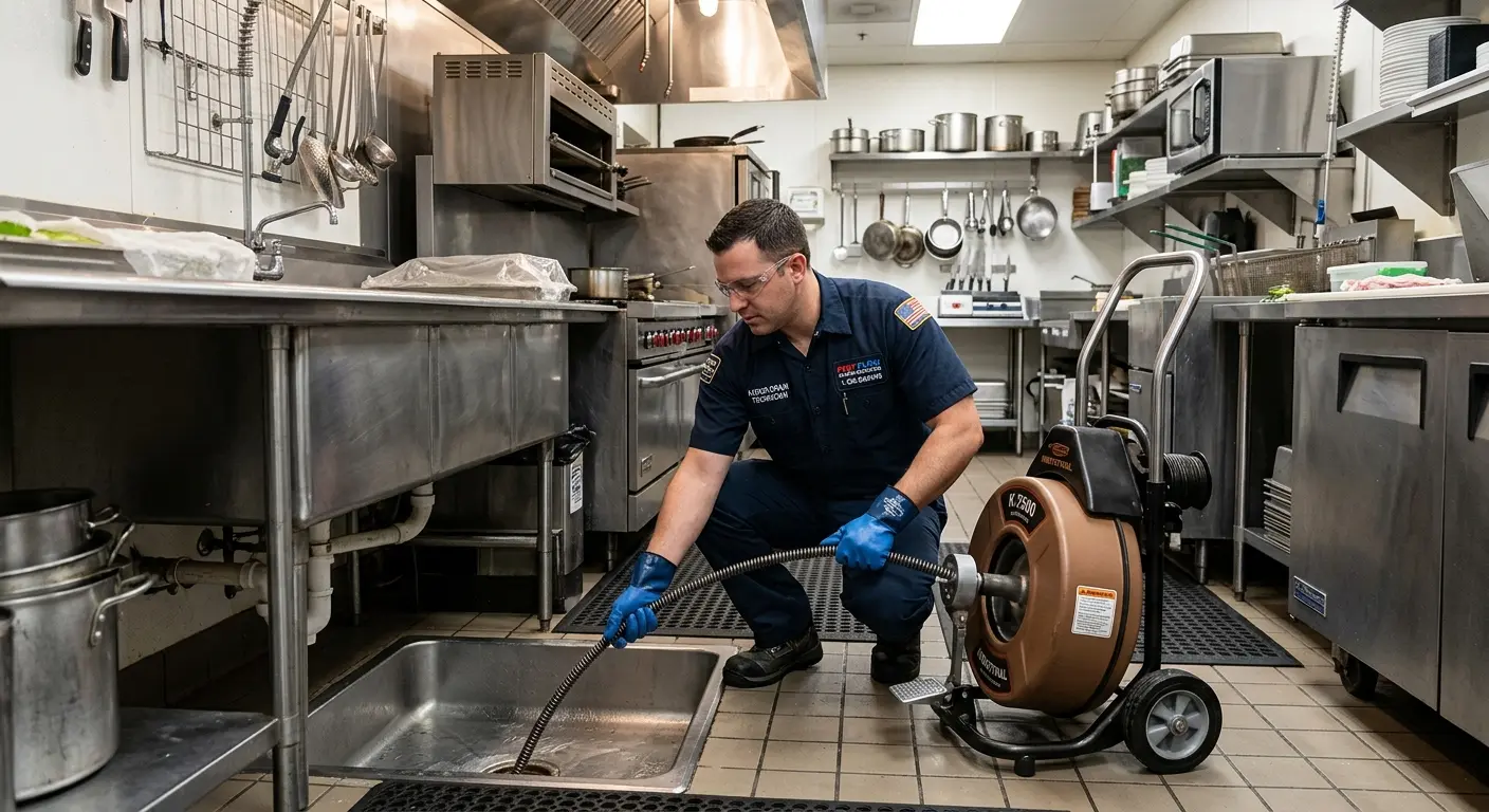 Commercial drain cleaning service in a restaurant kitchen in Lackland AFB