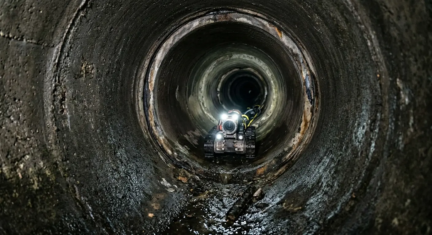 Robotic sewer camera inspecting pipe interior for Sewer Line Cleaning in Lackland AFB