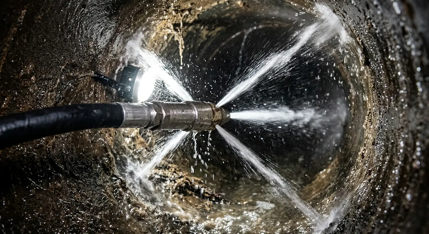High-pressure hydro jetting nozzle cleaning sewer pipe for Sewer Cleanout in Lackland AFB