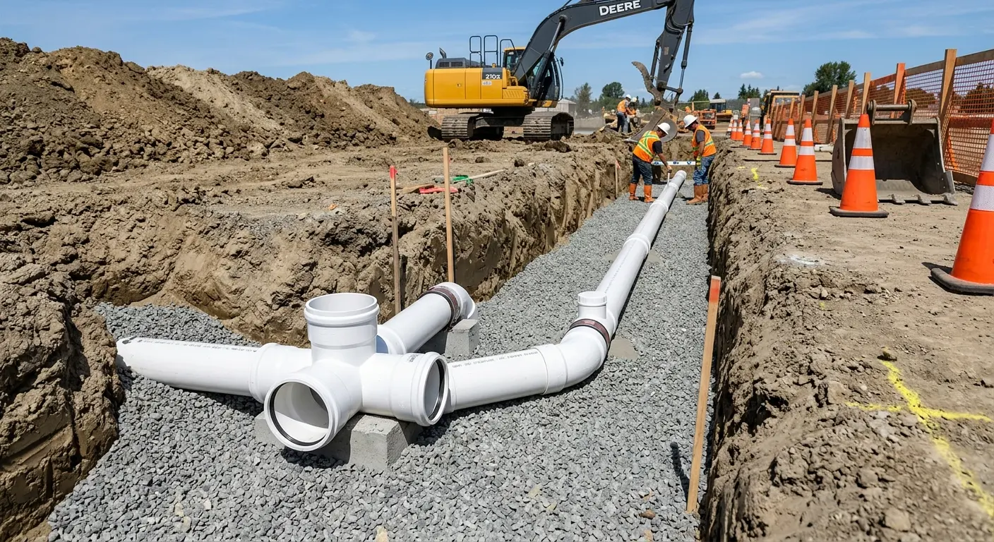 New PVC sewer pipe installation in open trench for Sewer Backup in Lackland AFB