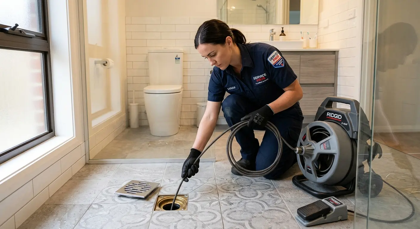 Technician clearing a bathroom floor drain for Drain Cleaning in Lackland AFB